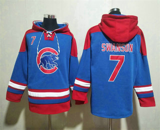 Men's Chicago Cubs #7 Dansby Swanson Royal Red Ageless Must Have Lace Up Pullover Hoodie