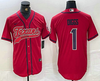 Men's Houston Texans #1 Stefon Diggs Red With Patch Cool Base Stitched Baseball Jersey