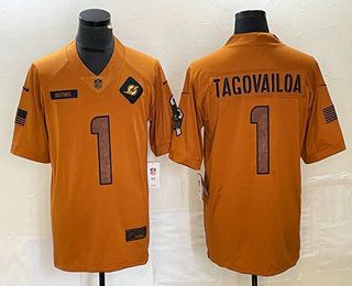 Men's Miami Dolphins #1 Tua Tagovailoa Brown 2023 Salute To Service Limited Stitched Jersey