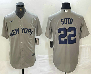Men's New York Yankees #22 Juan Soto Name 2021 Grey Field of Dreams Cool Base Stitched Baseball Jersey