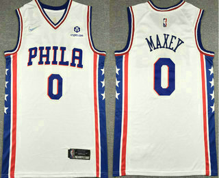 Men's Philadelphia 76ers #0 Tyrese Maxey White 75th Anniversary Diamond Nike 2021 Stitched Jersey With Sponsor