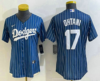 Women's Los Angeles Dodgers #17 Shohei Ohtani Red Navy Blue Pinstripe Stitched Cool Base Nike Jersey 01