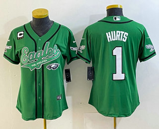 Women's Philadelphia Eagles #1 Jalen Hurts Green C Patch Cool Base Stitched Baseball Jersey 01