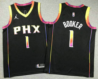 Youth Phoenix Suns #1 Devin Booker Black 2022 Statement Icon Sponsor Swingman Jersey